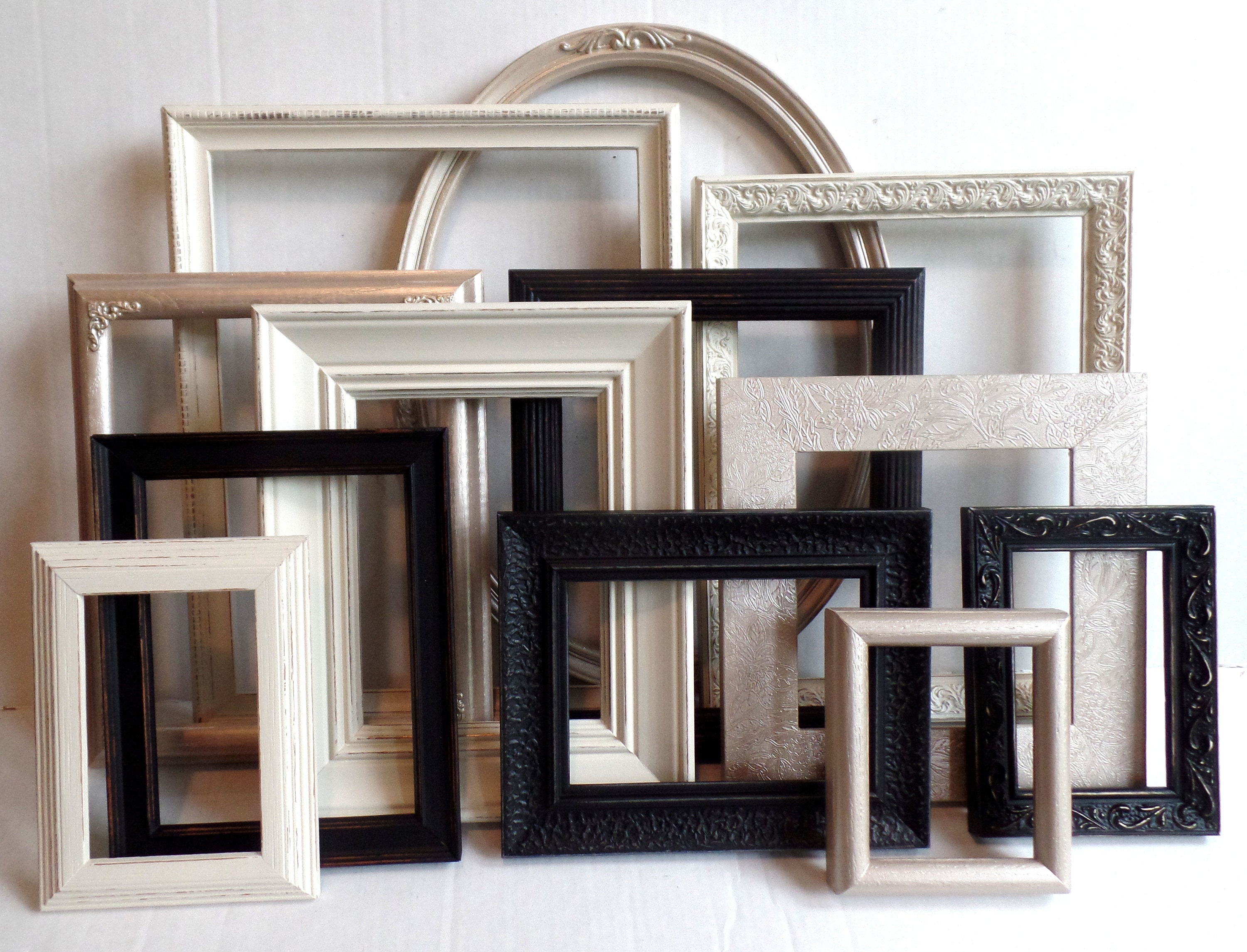 Antique White Black Champagne Gold Picture Frames Set Nursery Wedding Decor Vintage Collection Distressed Gallery Wall