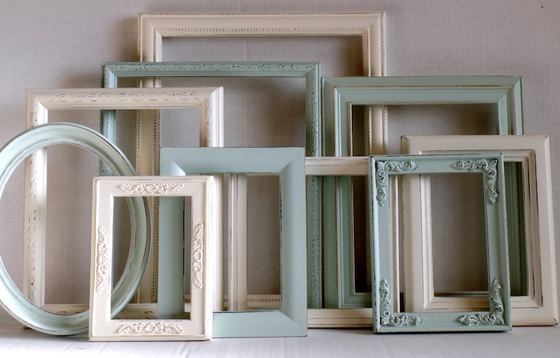 Romantic Farmhouse PICTURE FRAMES Set - Jade Green & Cottage White - Nursery - Wedding - Vintage - Shabby Chic - Distressed - Gallery Wall 