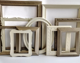 Metallic Champagne Gold and Antique White Picture Frame Set - Gallery Wall Frames - Vintage - Ornate - Neutral Color Frames - Wedding Frames