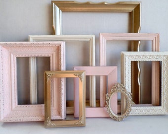 Picture Frame Set -Blush Champagne Gold Cottage White - Vintage Ornate - Baby Nursery - Shabby - Distressed - Gallery Wall - Wedding