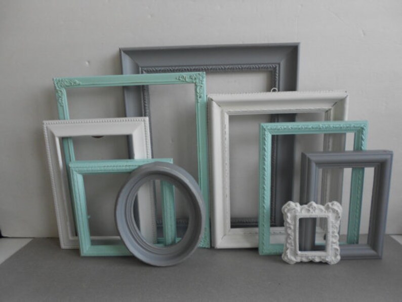 Custom Picture Frames Set Gray Grey White & Aqua Vintage Etsy