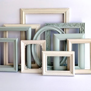 Gallery Wall Frame Assortment - Vintage Picture Frame Set - Custom Painted - Jade Green And Cottage White - Romantic Wedding - Distressed