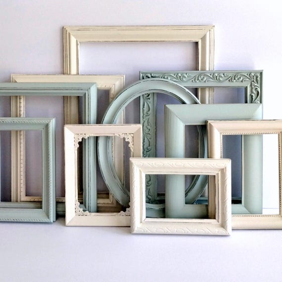 Gallery Wall Frame Assortment - Vintage Picture Frame Set - Custom Painted - Jade Green And Cottage White - Romantic Wedding - Distressed