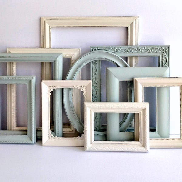 Juego de marcos de fotos para pared tipo galería - Verde jade y blanco rústico