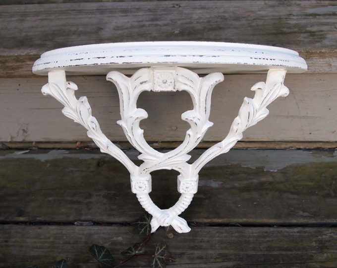 Wall Shelf Wood and Cast Iron Vintage Ornate Half Moon Painted Cottage