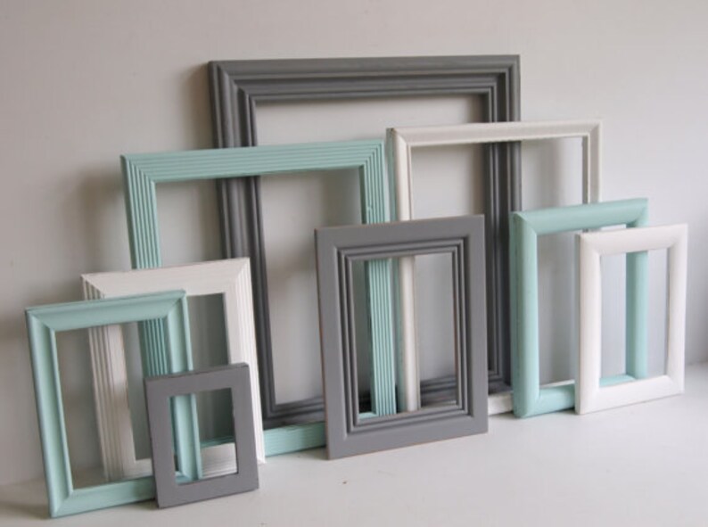 Custom Picture Frames Set Gray Grey White & Aqua Vintage Etsy