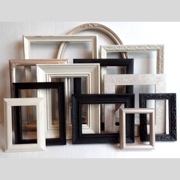 Vintage Gallery Wall Frame Set - Ornate Mix - Assorted Picture Frames - Romantic Wedding Frames - Black Antique White & Champagne Gold