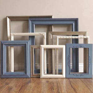 Vintage Upcycled Picture Frame Set – French Blue, Antique White, Champagne Gold