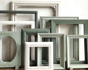 Vintage Picture Frame Set - Sage Green And Ivory Gallery Wall Decor