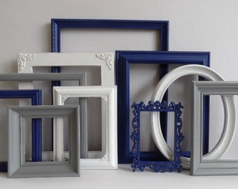 Navy Blue Gray And White Custom Picture Frames Set - Vintage Ornate Collection- Baby Nursery Set - Shabby Chic - Distressed - Gallery Wall