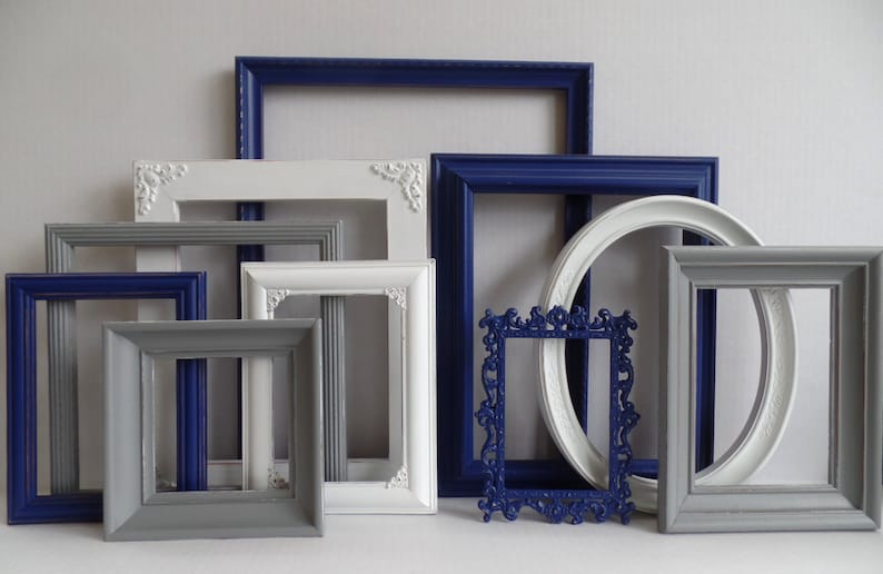 Navy Blue Gray And White Custom Picture Frames Vintage Ornate Image 0