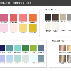 May include: Color chart with 3 sections: "Warms", "Neutrals", and "Metallics". Each section has 6 color swatches with the color name below each swatch. The "Warms" section includes colors like red, hot pink, dark coral, coral, orange, rose, pink, blush, yellow, and mustard. The "Neutrals" section includes colors like black, chocolate, khaki, gray, light gray, antique white, cottage white, ivory, and white. The "Metallics" section includes colors like rose gold, soft gold, champagne gold, and silver.
