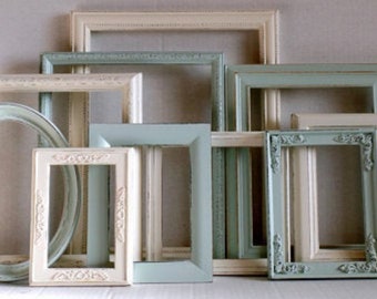 Romantic Farmhouse PICTURE FRAMES Set - Jade Green & Cottage White - Nursery - Wedding - Vintage - Shabby Chic - Distressed - Gallery Wall