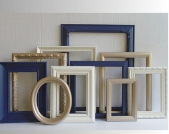 PICTURE FRAMES Set - Dark Navy Blue, Ivory & Champagne Gold - Beach Cottage - Wedding Decor - Vintage Collection - Distressed - Gallery Wall