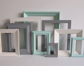 Picture Frames Set - Gray Grey White & Aqua - Vintage Ornate  - Modern Farmhouse - Baby Nursery - Shabby Chic - Distressed - Gallery Wall