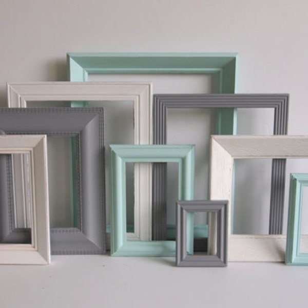 Picture Frames Set - Gray Grey White & Aqua - Vintage Ornate  - Modern Farmhouse - Baby Nursery - Shabby Chic - Distressed - Gallery Wall