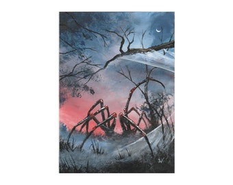 ACEO original miniature painting, Forbidden Forest 1063 giant spider monster halloween art card by Paul M Woodruff