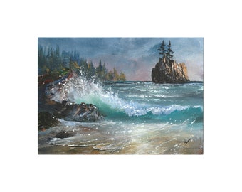 ACEO original Seascape 1055 miniature painting, ocean wave rocks cliff island Washington Oregon rocks beach art card by Paul Woodruff