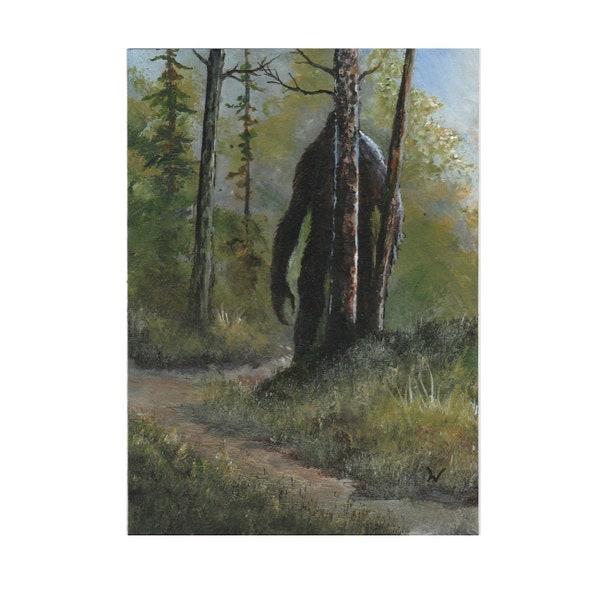 ACEO original miniature painting Forbidden Forest 791 bigfoot monster cryptid sasquatch landscape art card by Paul Woodruff