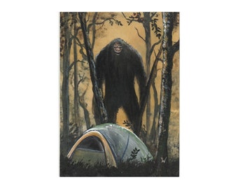 ACEO original miniature painting Forbidden Forest 1036 caveman bigfoot monster sasquatch mountain cryptid tent camping by Paul M Woodruff