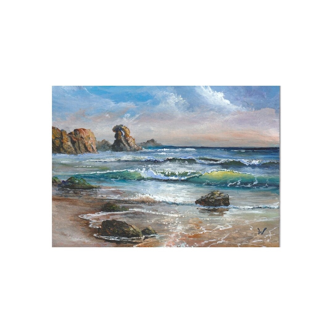 ACEO Original Seascape 1099 Miniature Painting, Ocean Wave Rocks Beach ...