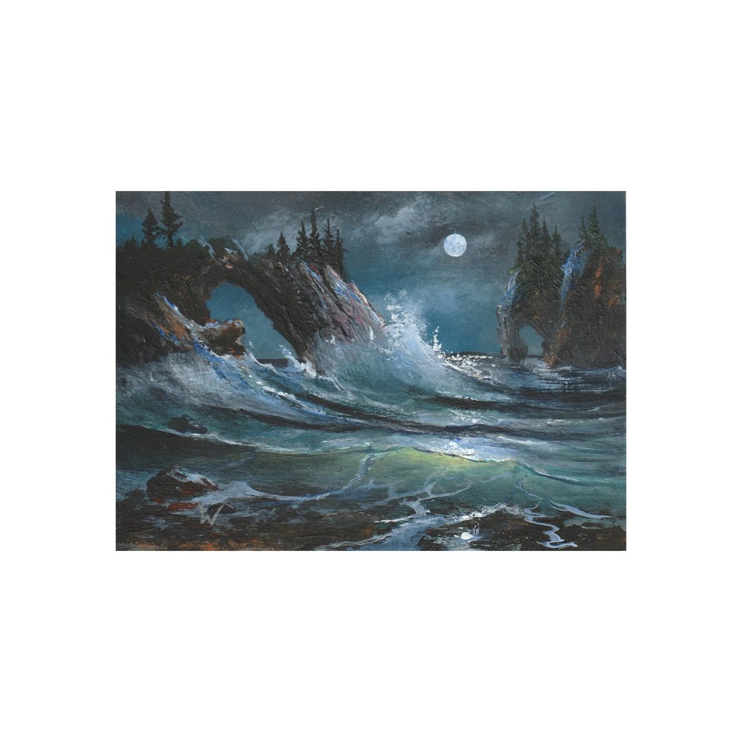 Original Moonlit Seascape ACEO Miniature Painting, Tropical Beach Art ...