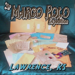 May include: An assortment of aged paper documents, envelopes, and small decorative items. The text "The Marco Polo Expedition" and "Lawrence, KS" are visible. The documents are in various colors, including yellow, pink, and blue.