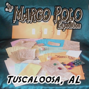 May include: A collection of papers, envelopes, and small objects arranged on a teal surface. The text "The Marco Polo Expedition" is displayed at the top, with "Tuscaloosa, AL" at the bottom. Various country names are visible.