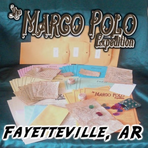 May include: A display of aged paper documents and envelopes, featuring the text "The Marco Polo Expedition" and "Fayetteville, AR". The documents are labelled with countries such as China and Russia.