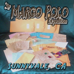 May include: A collection of aged paper documents and envelopes with the text "The Marco Polo Expedition" and "Sunnyvale, CA". The documents are labeled with countries like China, Persia, and India, suggesting a historical theme.