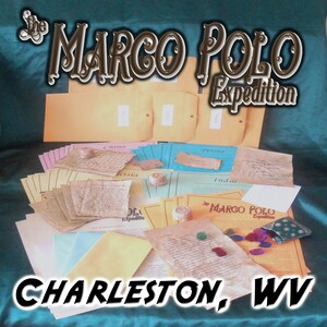 May include: An assortment of vintage-style paper ephemera, including envelopes, maps, and documents, with the text "The Marco Polo Expedition" and "Charleston, WV". The items are arranged on a teal surface.
