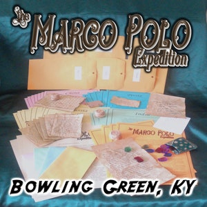 May include: A collection of aged paper documents and envelopes with the text "MARCO POLO Expedition" and "BOWLING GREEN, KY". The documents are labeled with countries like China, Persia, and India, suggesting a historical theme.