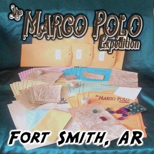 May include: A collection of aged paper documents, envelopes, and small trinkets. The text "The Marco Polo Expedition" and "Fort Smith, AR" are displayed. The documents are labeled with locations like China and Persia.