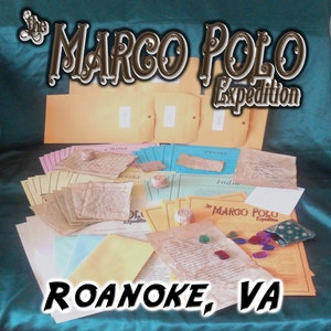 May include: An assortment of aged paper documents, envelopes, and decorative items. The text "The Marco Polo Expedition" and "Roanoke, VA" are visible. The documents are labeled with various locations.