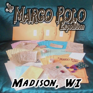 May include: A collection of aged paper documents and envelopes, labeled with place names like China, Persia, and India, arranged on a teal surface. The text "The Marco Polo Expedition" and "Madison, WI" are also visible.