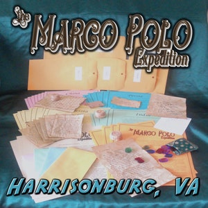 May include: A collection of aged paper documents, maps, and envelopes, labeled with place names like China, Persia, and India. The text "The Marco Polo Expedition" and "Harrisonburg, VA" are displayed in a stylized font.