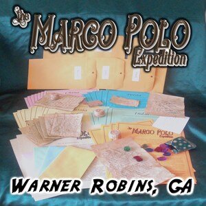 May include: A collection of aged paper documents and envelopes with the text "MARCO POLO Expedition" and "WARNER ROBINS, GA". The documents are labeled with countries like China, Persia, and India, suggesting a historical or educational theme.