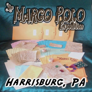 May include: An assortment of aged paper documents, envelopes, and small decorative items. The text "The Marco Polo Expedition" and "Harrisburg, PA" are prominently displayed. Various colors are present, including tan, blue, and yellow.