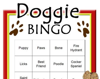 Op de afbeelding: Een Doggie Bingo-spelbord met een rode en gele rand. Het spel bevat vakjes met honden gerelateerde woorden en een botvormig speelstuk. De woorden zijn onder meer "Puppy", "Paws", "Bone" en "Fire Hydrant".