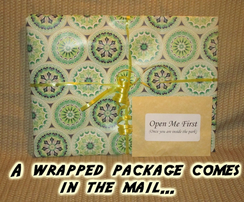 May include: A wrapped package with green and white patterned paper and a yellow ribbon. A small card reads "Open Me First" with additional text. The text "A Wrapped Package Comes in the Mail..." is at the bottom.