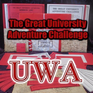 May include: A collection of adventure game materials, including red and white cards, maps, and envelopes. The text "The Great University Adventure Challenge" and "UWA" are prominently displayed. The game appears to be a mission-based challenge.