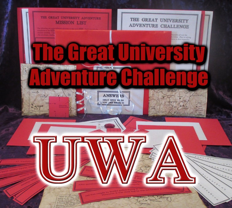 May include: A collection of adventure game materials, including red and white cards, maps, and envelopes. The text "The Great University Adventure Challenge" and "UWA" are prominently displayed. The game appears to be a mission-based challenge.