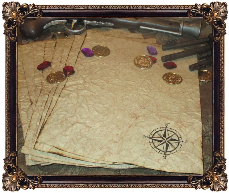 May include: A framed still life featuring a stack of aged parchment paper with a compass rose design. Gold coins, keys, a pistol, and scattered gemstones and rose petals add to the antique theme. The frame is dark brown with ornate gold detailing.