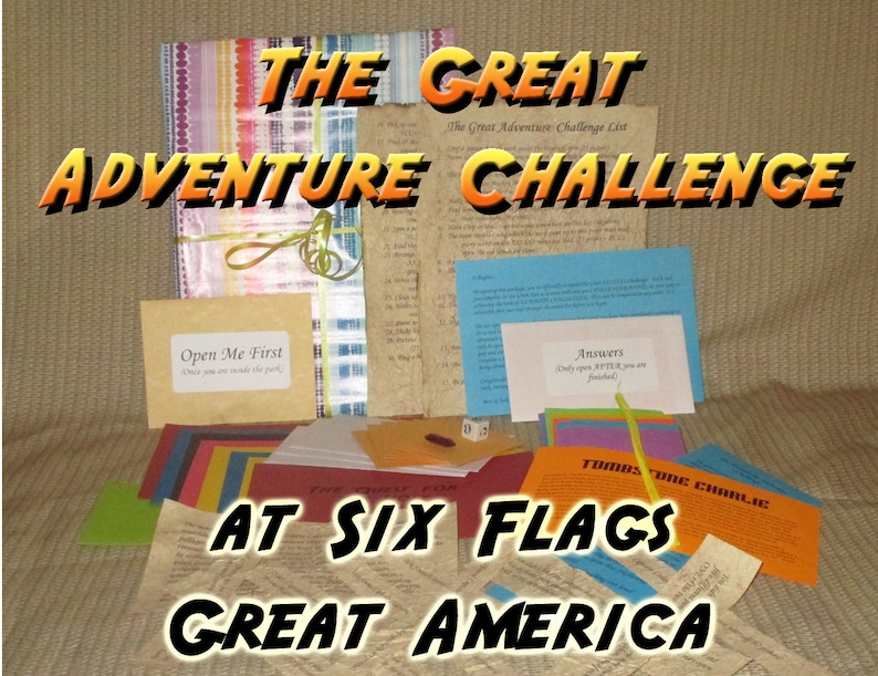 May include: A collection of adventure challenge materials with the text "THE GREAT ADVENTURE CHALLENGE" and "AT SIX FLAGS GREAT AMERICA". Includes cards, envelopes, and a list, suggesting a themed game or activity. The color palette is varied, with a focus on warm tones.