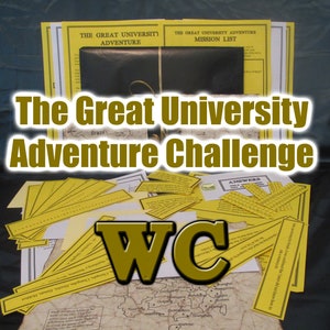 May include: A collection of yellow and white paper materials, including a map, mission lists, and answer sheets, are arranged on a dark surface. The text "The Great University Adventure Challenge" is prominently displayed. A large "WC" logo is also visible.