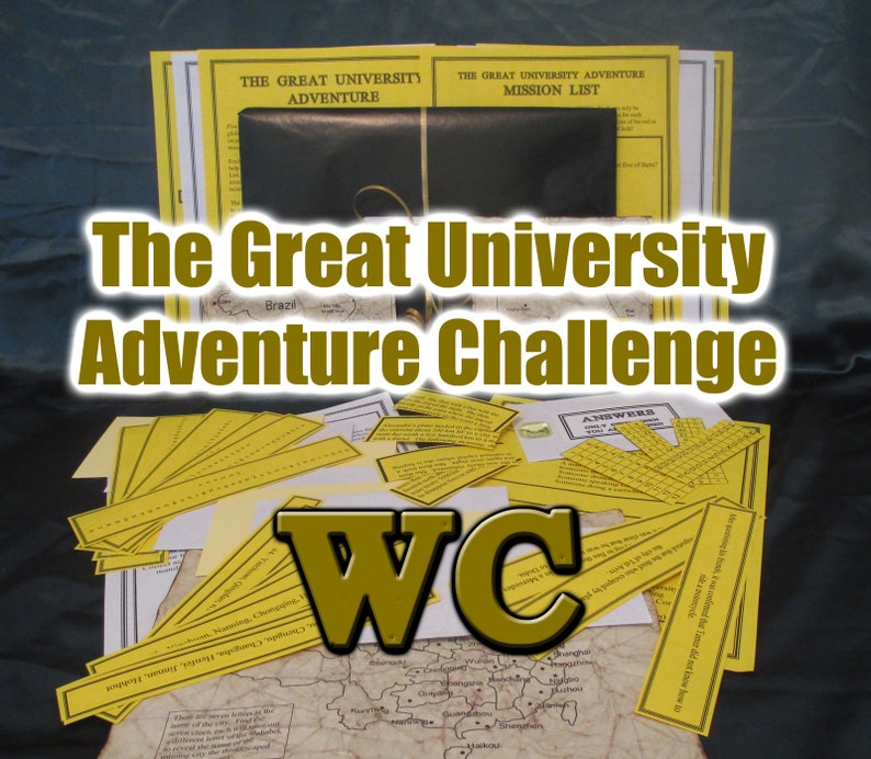 May include: A collection of yellow and white paper materials, including a map, mission lists, and answer sheets, are arranged on a dark surface. The text "The Great University Adventure Challenge" is prominently displayed. A large "WC" logo is also visible.