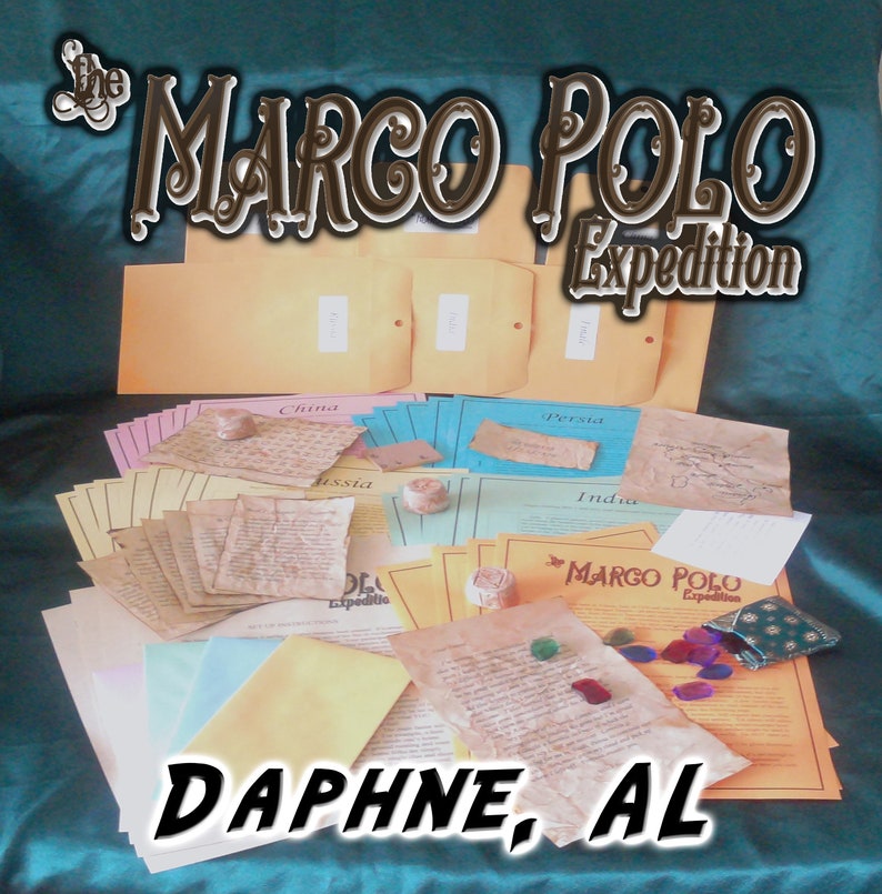 May include: An assortment of aged paper documents, envelopes, and small decorative items. The text "The Marco Polo Expedition" is displayed in a stylized font. The text "Daphne, AL" is also visible.
