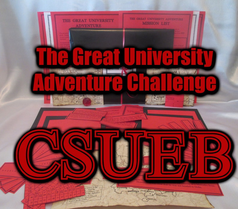 May include: A red and black adventure game set with the text "The Great University Adventure Challenge" and "CSUEB". The set includes red cards, maps, and mission lists, suggesting an educational or puzzle-solving theme.