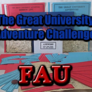 May include: The Great University Adventure Challenge game set. Includes red and blue paper elements, maps, and the text "FAU". The game features the text "The Great University Adventure Challenge".