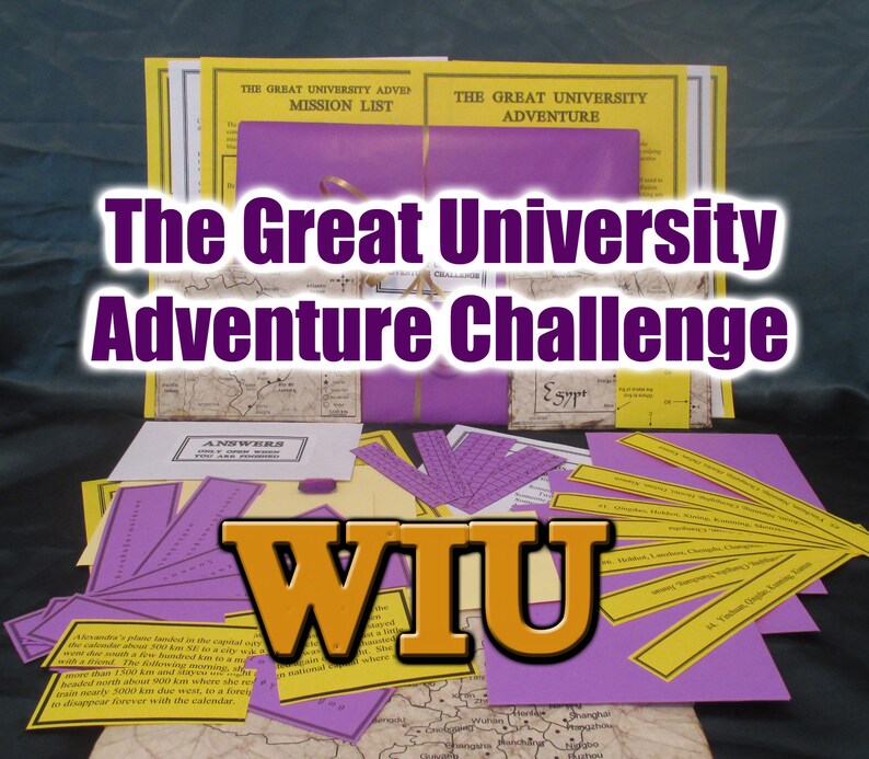 May include: A collection of materials for "The Great University Adventure Challenge." The image features a purple-wrapped package, yellow mission lists, and various cards and maps. The text "WIU" is prominently displayed in orange.
